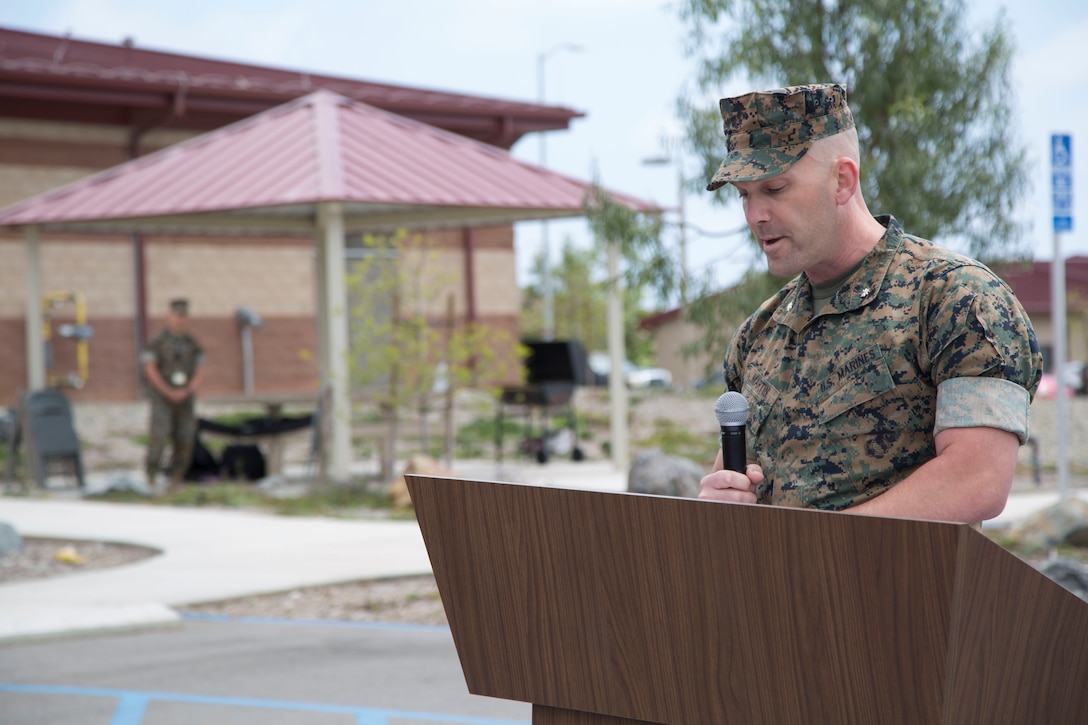 Lt. Col. Richard M. Martin, commanding officer of 1st Marine Raider Support Battalion, U.S. Marine Corps Forces, Special Operations Command, speaks during the retirement ceremony of a SOF multipurpose canine aboard Marine Corps Base Camp Pendleton, Calif., May 21, 2018.  MPC Nero received a Certificate of Appreciation and the U.S. Military Working Dog Service Award after two deployments during his five years of service to MARSOC, and will now be adopted by his handler.  (U.S. Marine Corps photo by Cpl. Bryann K. Whitley)