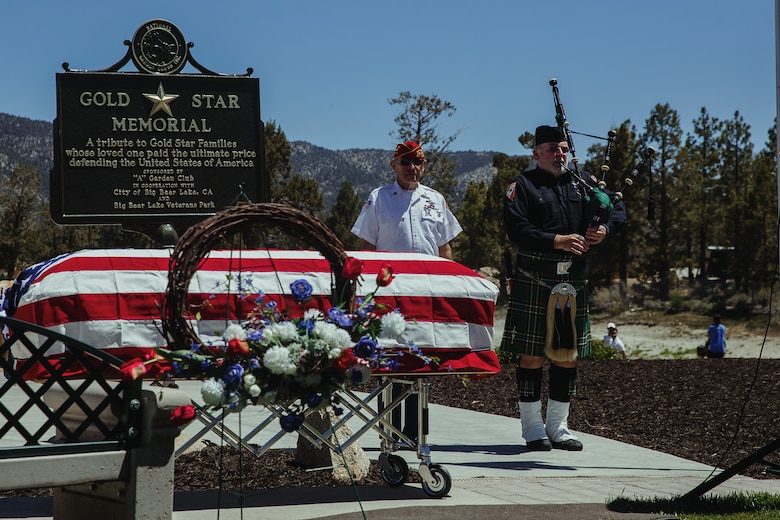 A member of the Big Bear Lake chapter of the American Legion plays bagpipes during a Memorial Day ceremony held in Big Bear Lake, Calif., May 28, 2018. The ceremony was hosted by the American Legion and Marine Corps League and presented multiple guest speakers with backgrounds in the military. (U.S. Marine Corps photo by Lance Cpl. Isaac Cantrell)