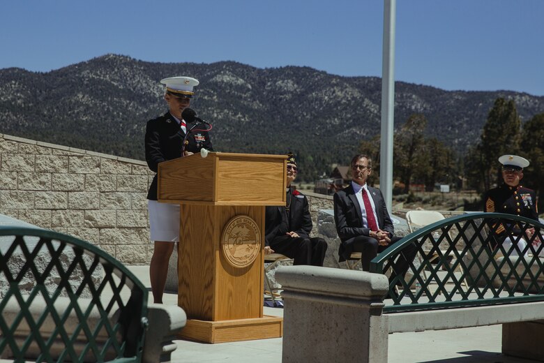 Capt. Karen Holliday, director, Communication Strategy and Operations, Headquarters Battalion, Marine Corps Air Ground Combat Center, Twentynine Palms, Calif., speaks during a Memorial Day ceremony held in Big Bear Lake, Calif., May 28, 2018. The ceremony was hosted by the American Legion and Marine Corps League and presented multiple guest speakers with backgrounds in the military. (U.S. Marine Corps photo by Lance Cpl. Isaac Cantrell)