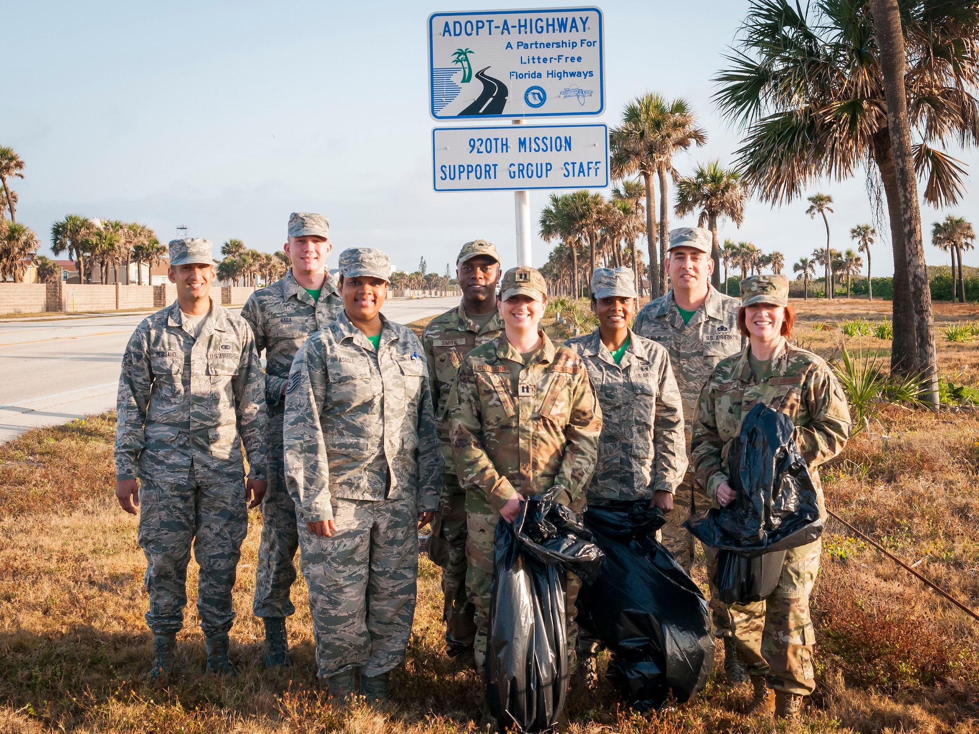 Reserve Citizen Airmen from the 920th Mission Support Group Staff recently staked their claim to a two-mile plot of land outside Patrick Air Force Base, Florida in Cocoa Beach, to became caretakers through the Adopt-a-Highway program. After their sign was erected during the April 2018 drill training weekend, seven MSG Staff personnel went to work clearing trash and debris along their beachside plot. Their plan is to head out every three months to tidy up, as a team-building event and morale builder. (U.S. Air Force photo Staff Sgt. Jared Trimarchi)