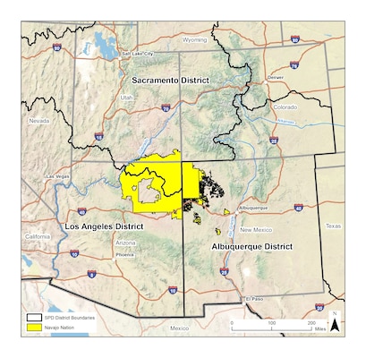 Geographically, the 110 chapters of the Navajo Nation are spread across the Corps’ Albuquerque, Los Angeles and Sacramento districts. These three districts are part of the Corps’ South Pacific Division, (SPD), headquartered in San Francisco. In this map, the thick black line delineates the boundaries of the three districts in relation to the Navajo Nation.