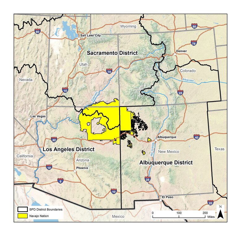 Geographically, the 110 chapters of the Navajo Nation are spread across the Corps’ Albuquerque, Los Angeles and Sacramento districts. These three districts are part of the Corps’ South Pacific Division, (SPD), headquartered in San Francisco. In this map, the thick black line delineates the boundaries of the three districts in relation to the Navajo Nation.