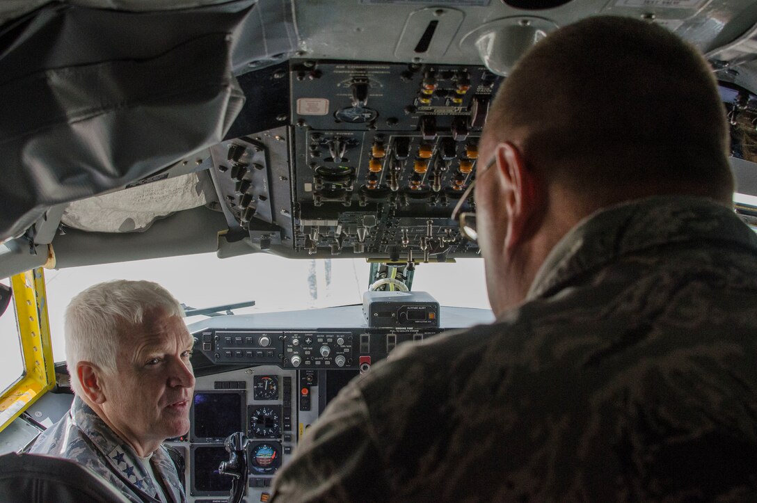 Lt. Gen. L. Scott Rice, the director of the Air National Guard, tours a static KC-135 Stratotanker during a distinguished visitor tour at the 128th Air Refueling Wing, Wisconsin Air National Guard, June 3, 2018.