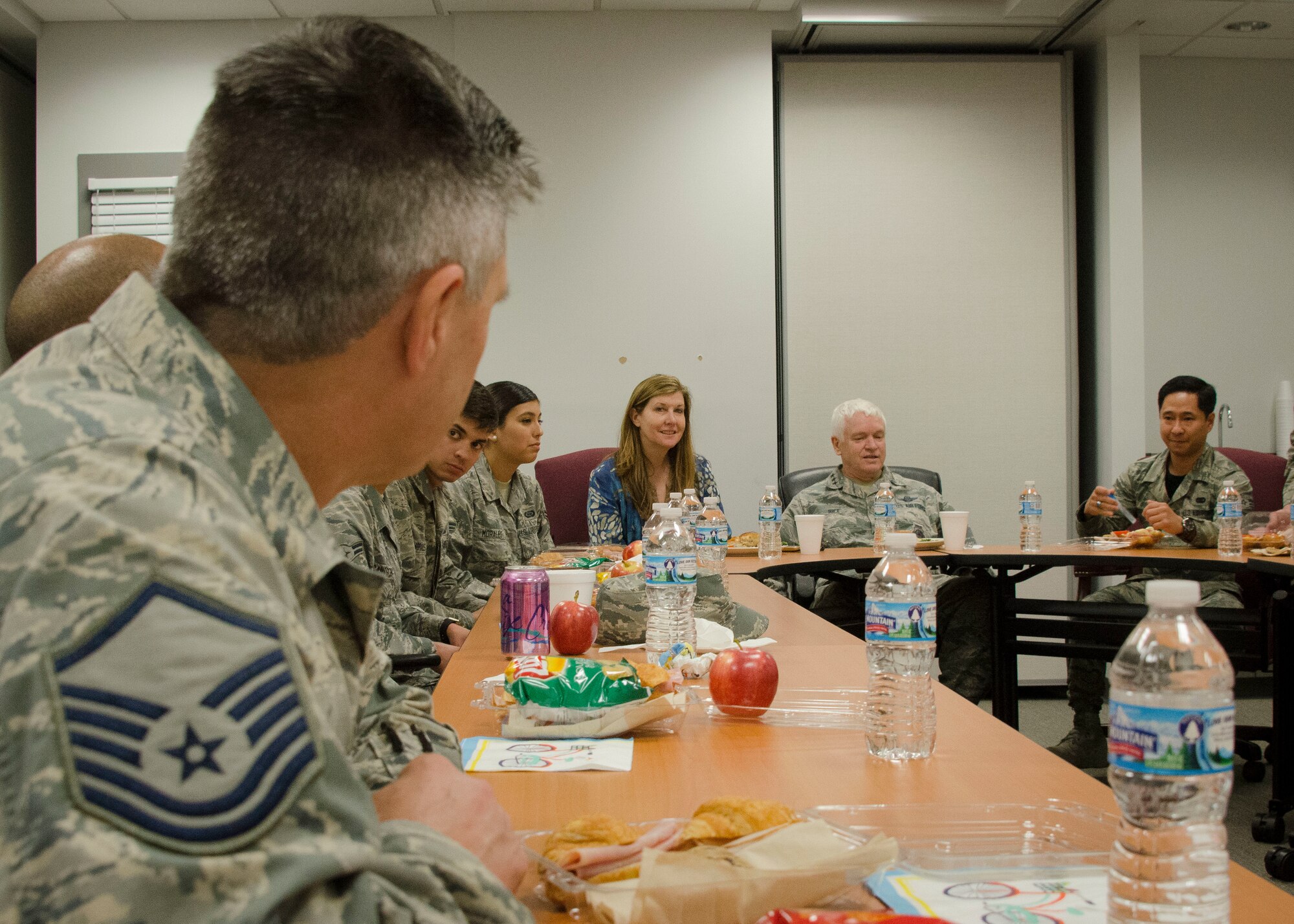 Airmen of the 128th Air Refueling Wing, Wisconsin Air National Guard, attend a mentoring luncheon hosted by Lt. Gen. L. Scott Rice, the director of the Air National Guard, and Chief Master Sgt. Ronald C. Anderson, the command chief master sergeant of the Air National Guard, during a distinguished visitor tour here June 3, 2018.