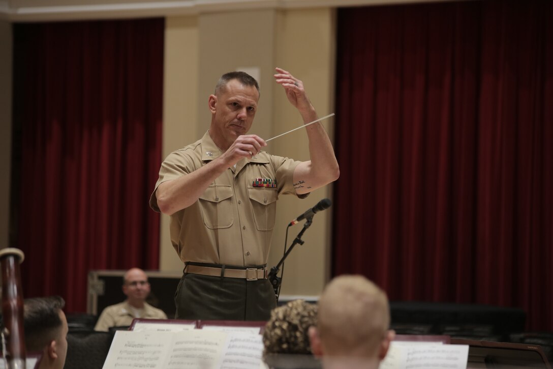 On June 5, 2018 Capt. Bryan Sherlock rehearsed the Marine Band in the John Philip Sousa Band Hall at the Marine Barracks Annex in Washington, D.C., for his first concert as Assistant Director. (U.S. Marine Corps photo by Master Sgt. Kristin duBois/released)
