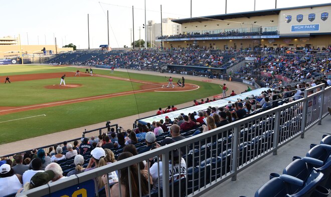 Keesler Air Force Base families attend the Biloxi Shuckers Minor League Baseball team’s military appreciation night at MGM Park in Biloxi, Mississippi, June 2, 2018. The Shuckers recognized and honored service members and their families for the dedication, commitment and sacrifices they make for the nation. (U.S. Air Force photo by Kemberly Groue)