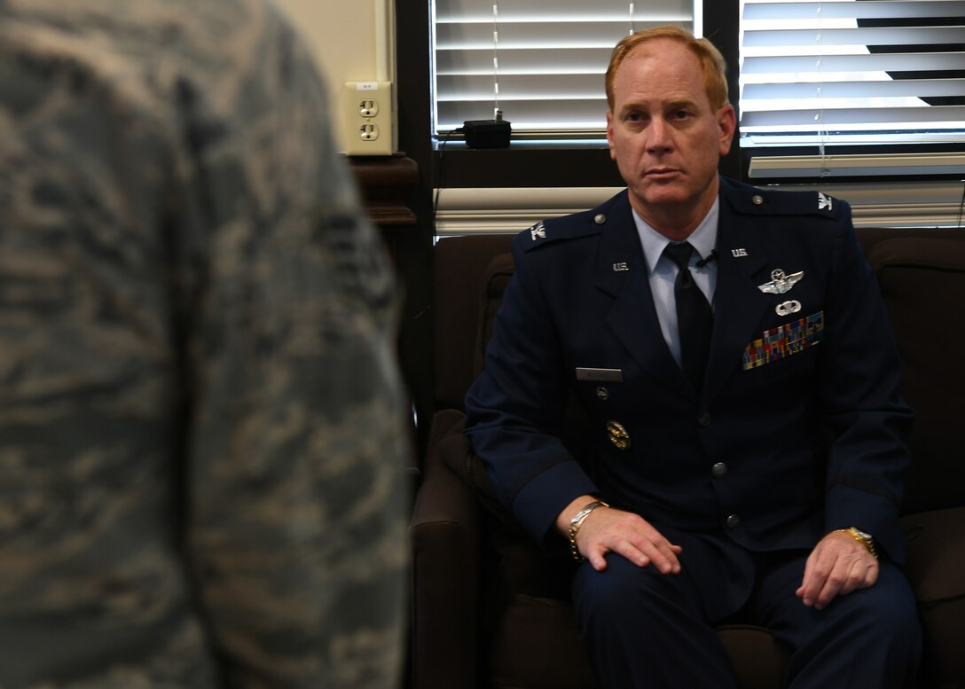 Col. James Kellogg, Jr., 94th Airlift Wing vice commander, answers questions during an interview prior to his retirement ceremony at Dobbins Air Reserve Base, Ga, June 2, 2018. The vice commander retired from the Air Force after 22 years in the reserve and 8 years in active duty. (U.S. Air Force photo by Staff Sgt. Miles Wilson)
