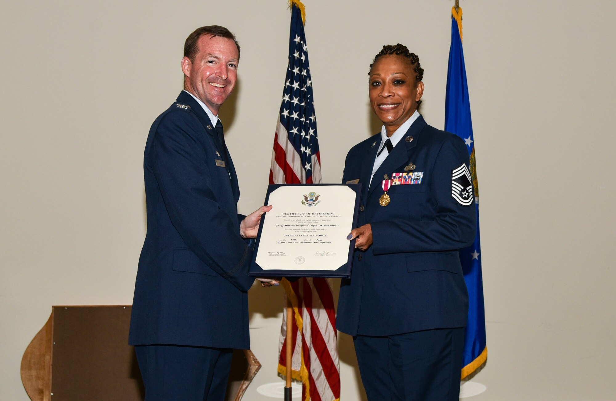 Col. Edward Segura, 403rd Mission Support Group commander, presents the Certificate of Retirement to Chief Master Sgt. Sybil McDowell, 403rd Force Support Squadron superintendent.