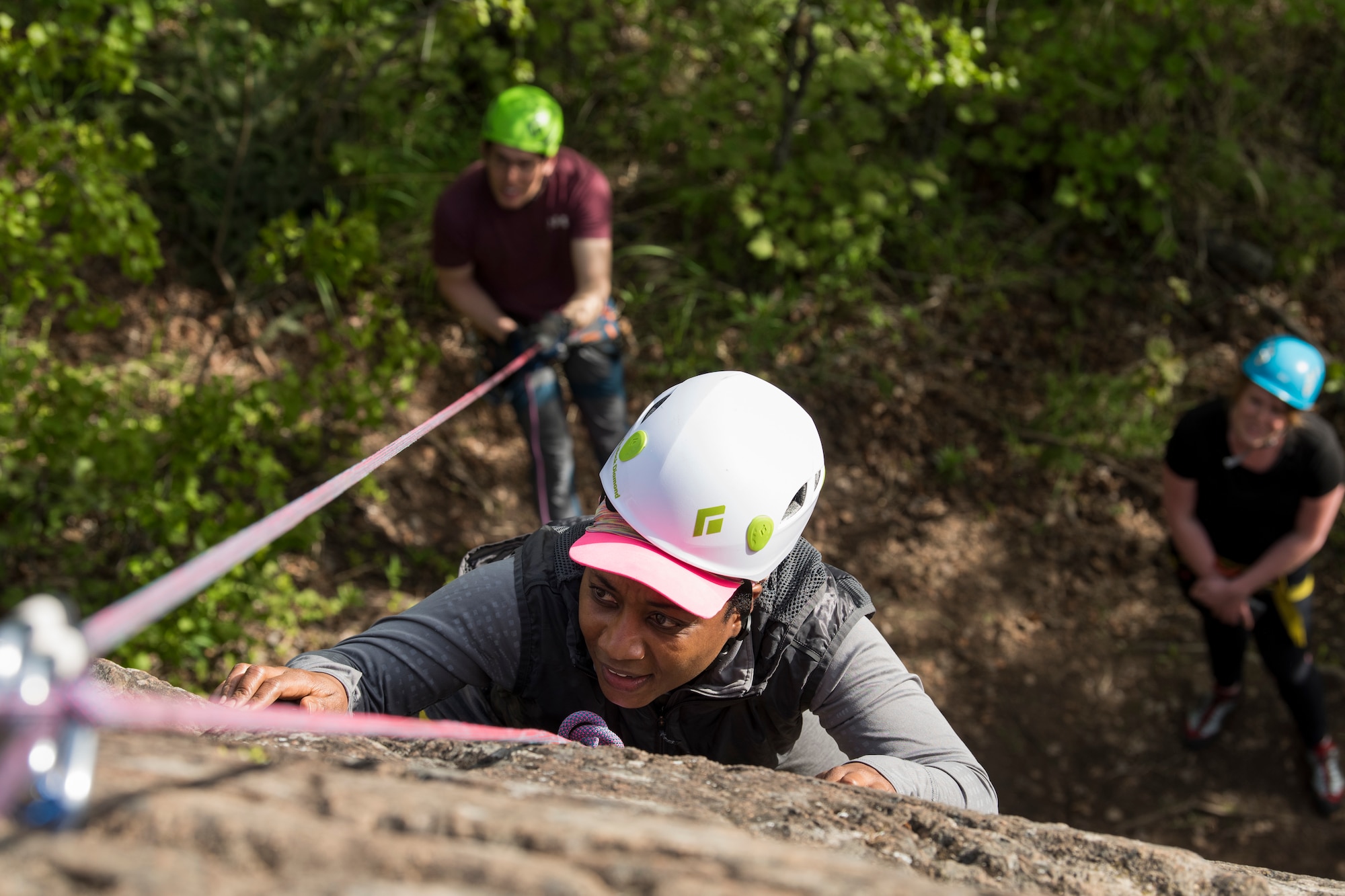 Army Maj. Adrien Humphreys, a member of the 611th Air Operations Center current operations team, climbs the side of a rock during a rock-climbing trip at Pivot Point Trail near Anchorage, Alaska, May 31, 2018. Humphreys has participated in many of OAP’s guided events since being stationed at Joint Base Elmendorf-Richardson but has never climbed rock. The OAP offers many opportunities year-round for the JBER community to explore Alaska while also supporting the development of mission-ready military families and members.