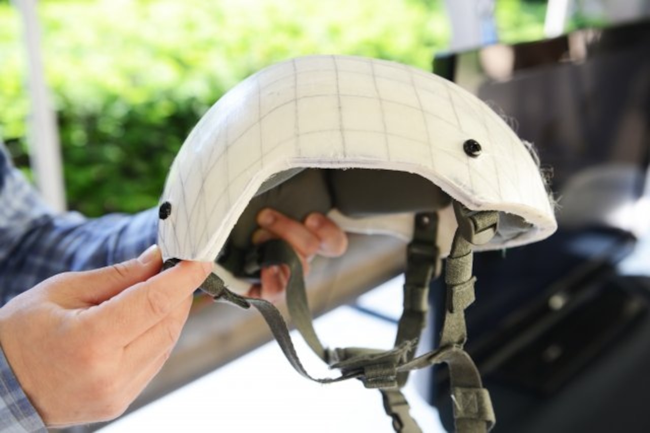 Representatives of the U.S. Army Natick Soldier Research, Development and Engineering Center, out of Natick, Massachusetts, had an array of combat helmets on display at the Pentagon, May 24 and 25, 2018, as part of a "Close Combat Lethality Tech Day." This helmet, a NSRDEC prototype, provides equal protection to earlier helmets but at less weight.
