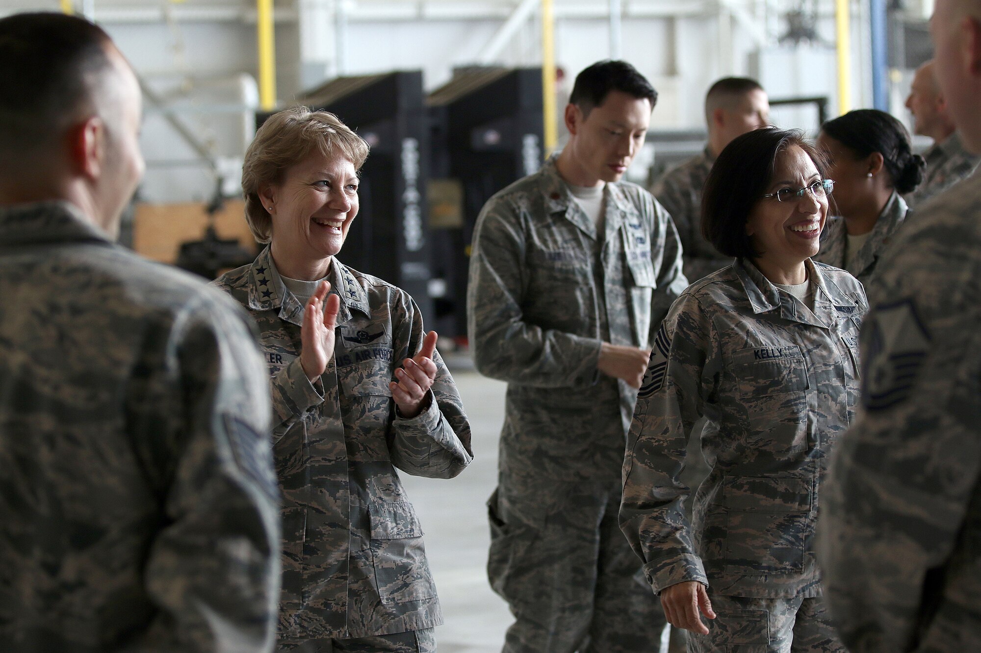 Lt. Gen. Maryanne Miller, Air Force Reserve Command commander and Chief of the Air Force Reserve, and Chief Master Sgt. Ericka Kelly, AFRC command chief, meet Airmen during their visit to the 445th Airlift Wing May 4-6, 2018. The AFRC leaders had breakfast with Airmen at the Pitsenbarger Dining Facility; lunch with group and squadron commanders, chiefs and first sergeants; and toured various 445th AW units.