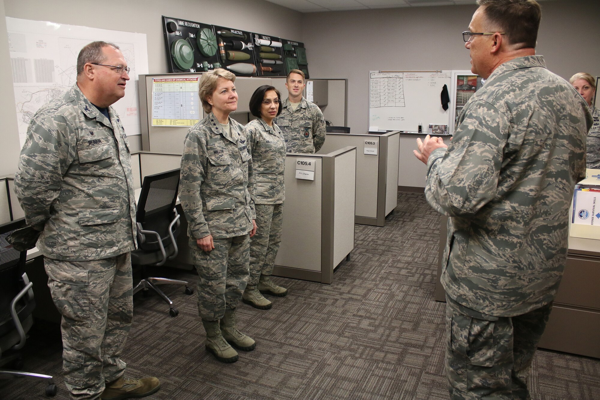 Lt. Gen. Maryanne Miller, Air Force Reserve Command commander and Chief of the Air Force Reserve, and Chief Master Sgt. Ericka Kelly, AFRC command chief, meet Airmen during their visit to the 445th Airlift Wing May 4-6, 2018. The AFRC leaders had breakfast with Airmen at the Pitsenbarger Dining Facility; lunch with group and squadron commanders, chiefs and first sergeants; and toured various 445th AW units.