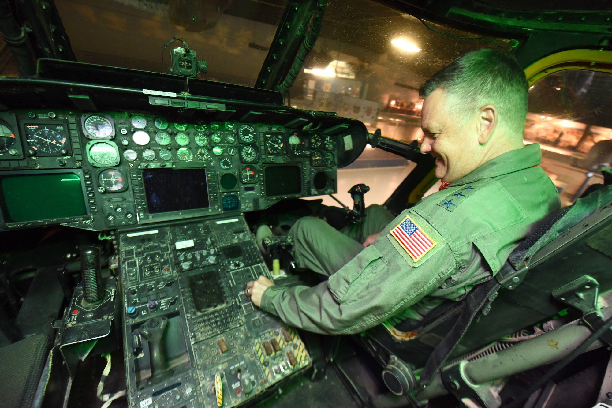 Lt. Gen. Brad Webb, Air Force Special Operations Command commander, sits in the cockpit of an MH-53 J/M “Pave Low IV” special operations helicopter at the Warner Robins Museum of Aviation May 29, 2018. Webb flew the tail number 70-1626 while commanding the 20th Special Operations Squadron at Hurlburt Field, Florida. (U.S. Air Force photo by Tommie Horton)