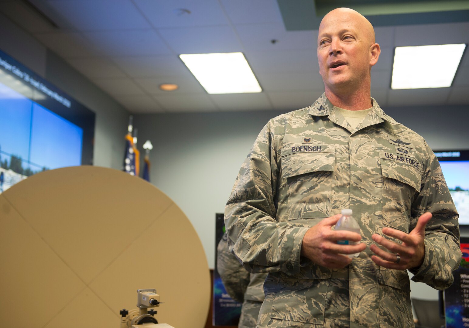 Col. Jeremy Boenisch, 5th Combat Communications Group commander, explains the 5th CCG’s mission for civic leaders during a tour at Joint Base San Antonio-Lackland, Texas, May 31, 2018. The civic leaders visited the base with Gen. Mike Holmes, commander Air Combat Command, to introduce them to 24th Air Force’s cyberspace mission and 25th AF’s intelligence, surveillance and reconnaissance mission. (U.S. Air Force photo by Tech. Sgt. R.J. Biermann)