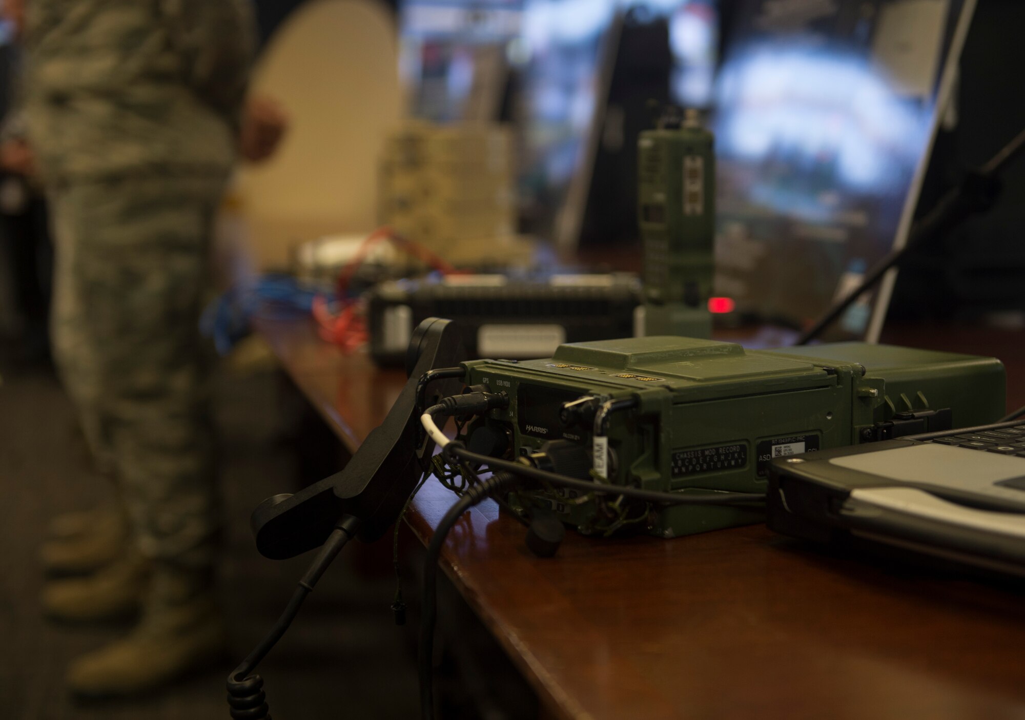 A PRC-117G tactical satellite communications radio is displayed during a civic leader tour at Joint Base San Antonio-Lackland, Texas, May 31, 2018. The radio is used to establish voice and data links in deployed or austere environments. The tour was hosted to introduce attendees to 24th Air Force's cyberspace mission and 25th AF's intelligence, surveillance and reconnaissance mission. (U.S. Air Force photo by Tech. Sgt. R.J. Biermann)