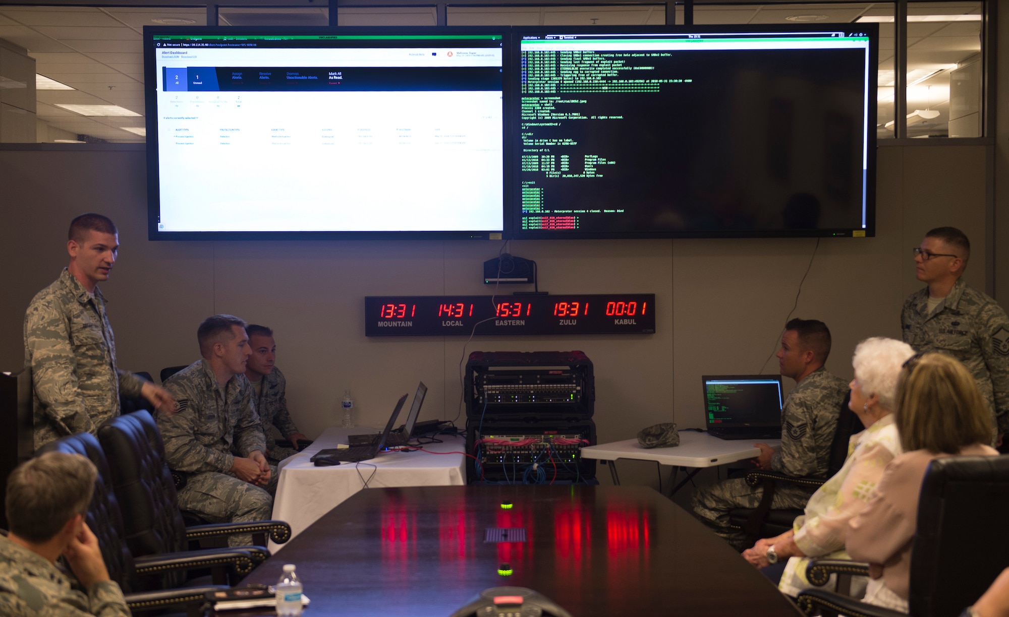 Airmen from the 836th Cyberspace Operations Squadron discuss defensive cyberspace operations during a civic leader tour at Joint Base San Antonio-Lackland, Texas, May 31, 2018. The civic leaders visited the base with Gen. Mike Holmes, commander Air Combat Command, to introduce them to 24th Air Force’s cyberspace mission and 25th AF’s intelligence, surveillance and reconnaissance mission. (U.S. Air Force photo by Tech. Sgt. R.J. Biermann)
