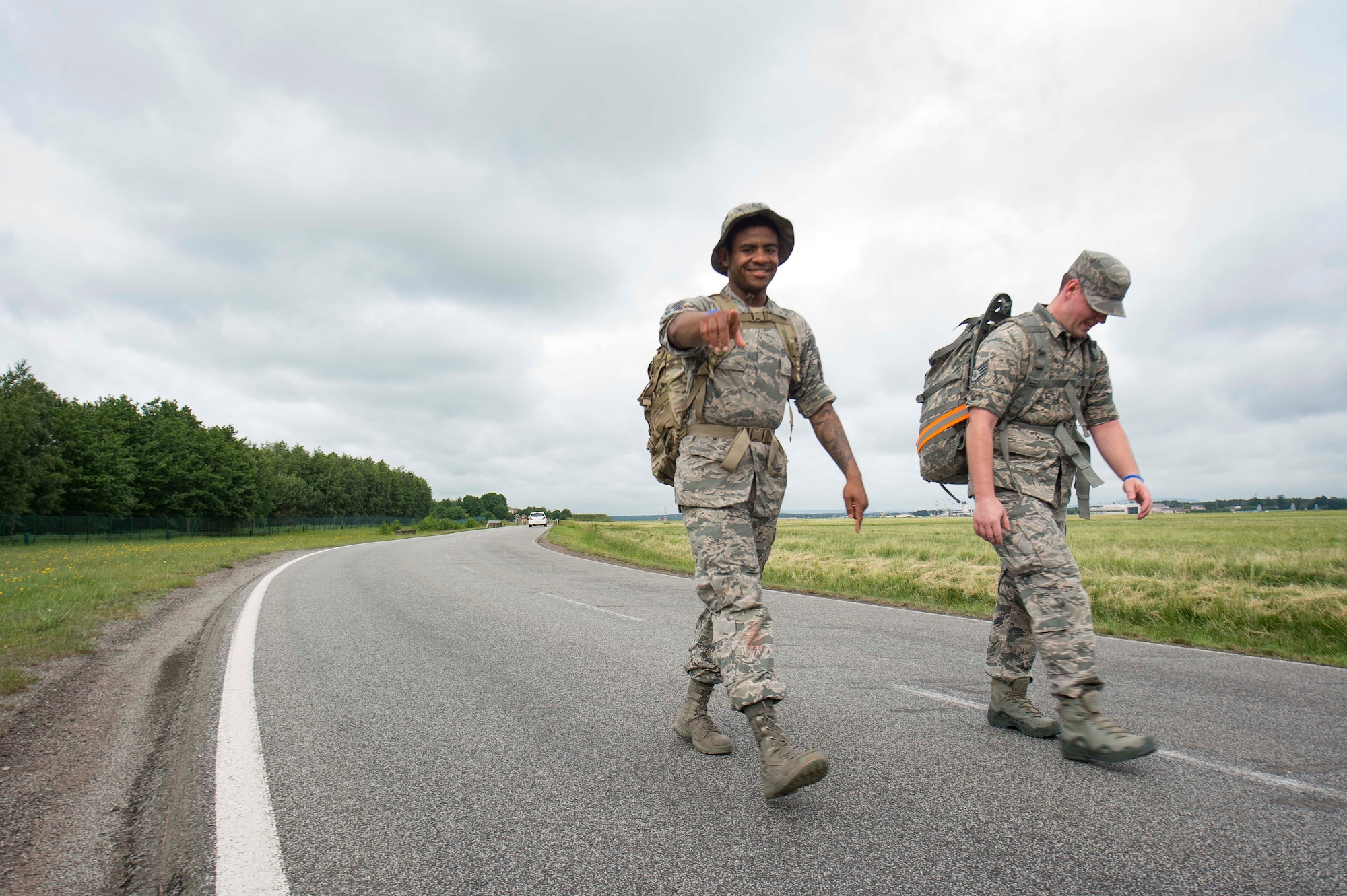 U.S. Air Force Airmen participate in the Third Annual Chief Master Sgt. of the Air Force Paul Airey Memorial Ruck/March/Run on Ramstein Air Base, Germany, June 1, 2018. The annual memorial events were established to honor the first chief master sergeant of the Air Force, Paul Airey, who survived a 400-mile march as a prisoner of war in Germany during World War II. (U.S. Air Force photo by Senior Airman Elizabeth Baker)