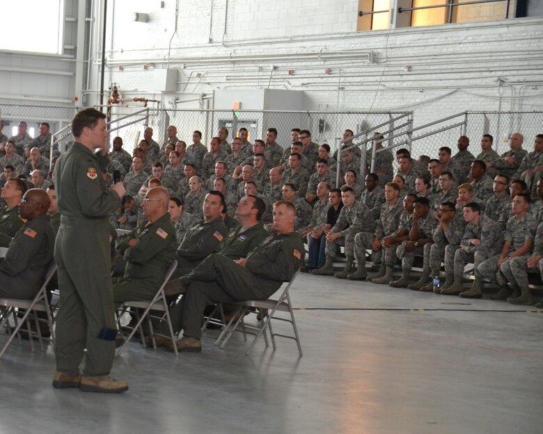 Col. Howard Clark, vice commander of the 439th Airlift Wing, addresses wing airmen during the wing-wide safety review. The safety review, held due to a recent string of Air Force accidents, continued into Monday with the civilian workforce at Westover.