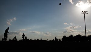 The 633rd Medical Group and the 735th Supply Chain Operations Group compete against each other during the Intramural Soccer Championship at Joint Base Langley-Eustis, Virginia, June 4, 2018.