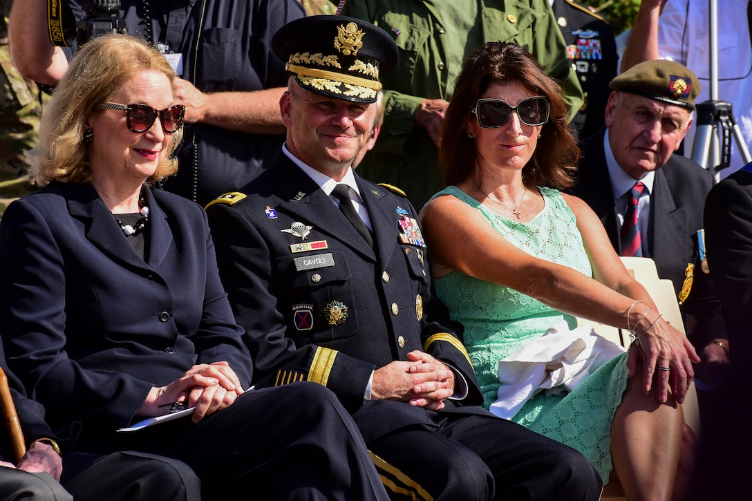 President Dwight Eisenhower’s granddaughter Susan Eisenhower; Commanding General of U.S. Army Europe Lt. Gen. Christopher G. Cavoli and his wife Christine Cavoli attend the First Advance Headquarters of Supreme Allied Expeditionary Force Headquarters wreath-laying ceremony