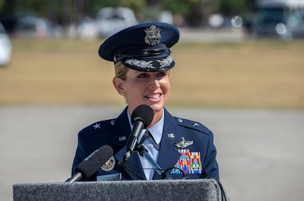 U.S Air Force Brig. Gen. Laura L. Lenderman, the new 502nd ABW and JBSA commander gives remarks during the 502nd Air Base Wing and Joint Base San Antonio change of command ceremony at JBSA-Fort Sam Houston’s MacArthur Parade Field June 6, 2018. Lenderman comes to JBSA from Scott Air Force Base, Illinois, where she was Deputy Director-Military, Strategic Plans, Policy and Logistics, U.S. Transportation Command.