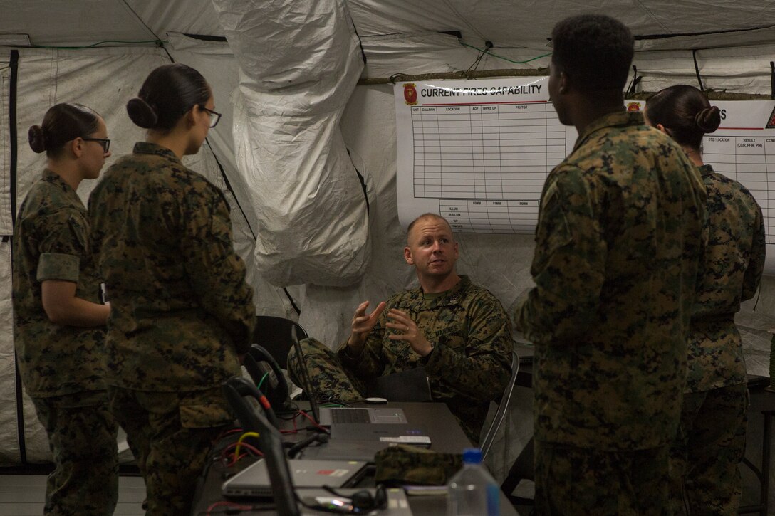 U.S. Marines with 2nd Radio Battalion, II Marine Expeditionary Force Information Group, attend classes during a Command Post Exercise (CPX) at Camp Lejeune, N.C., May 21, 2018. 2nd Radio Battalion conducted the CPX to evaluate and improve their communication capabilities in preparation for an upcoming Mission Rehearsal Exercise. (U.S. Marine Corps photo by Lance Cpl. Tiana Boyd)