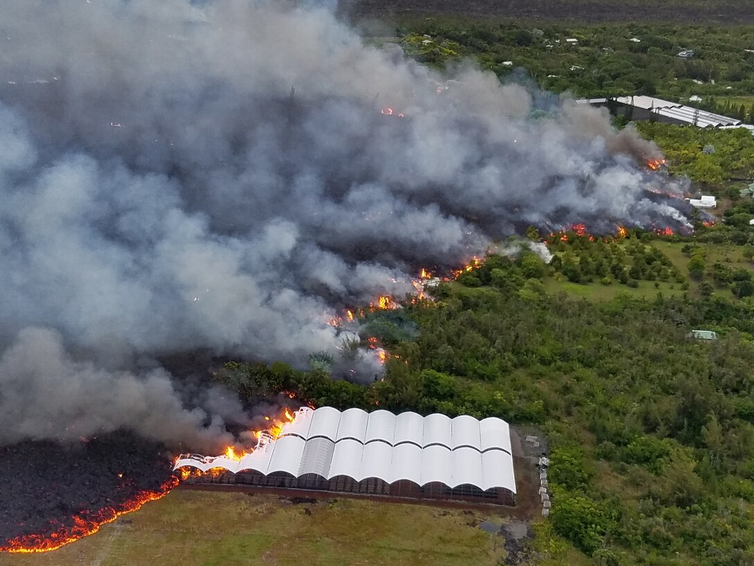 Lava from the Kilauea eruption engulfs a nursery in Kapoho, Hawaii.