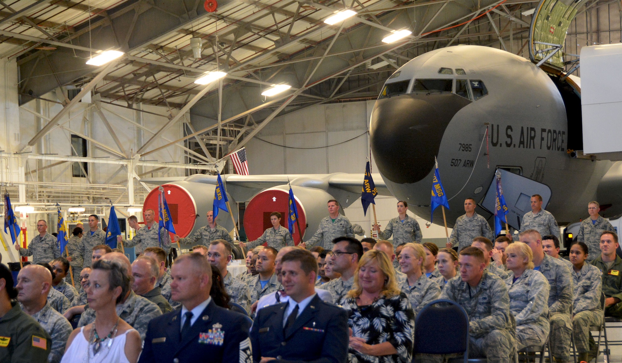 Airmen of the 507th Air Refueling Wing attended a change of command ceremony June 3, 2018, at Tinker Air Force Base, Okla., where Col. Richard Heaslip accepted command of the wing. A 507th ARW KC-135R Stratotanker served as a backdrop during the ceremony as a representation of the wing's mission. (U.S. Air Force photo/Tech. Sgt. Samantha Mathison)