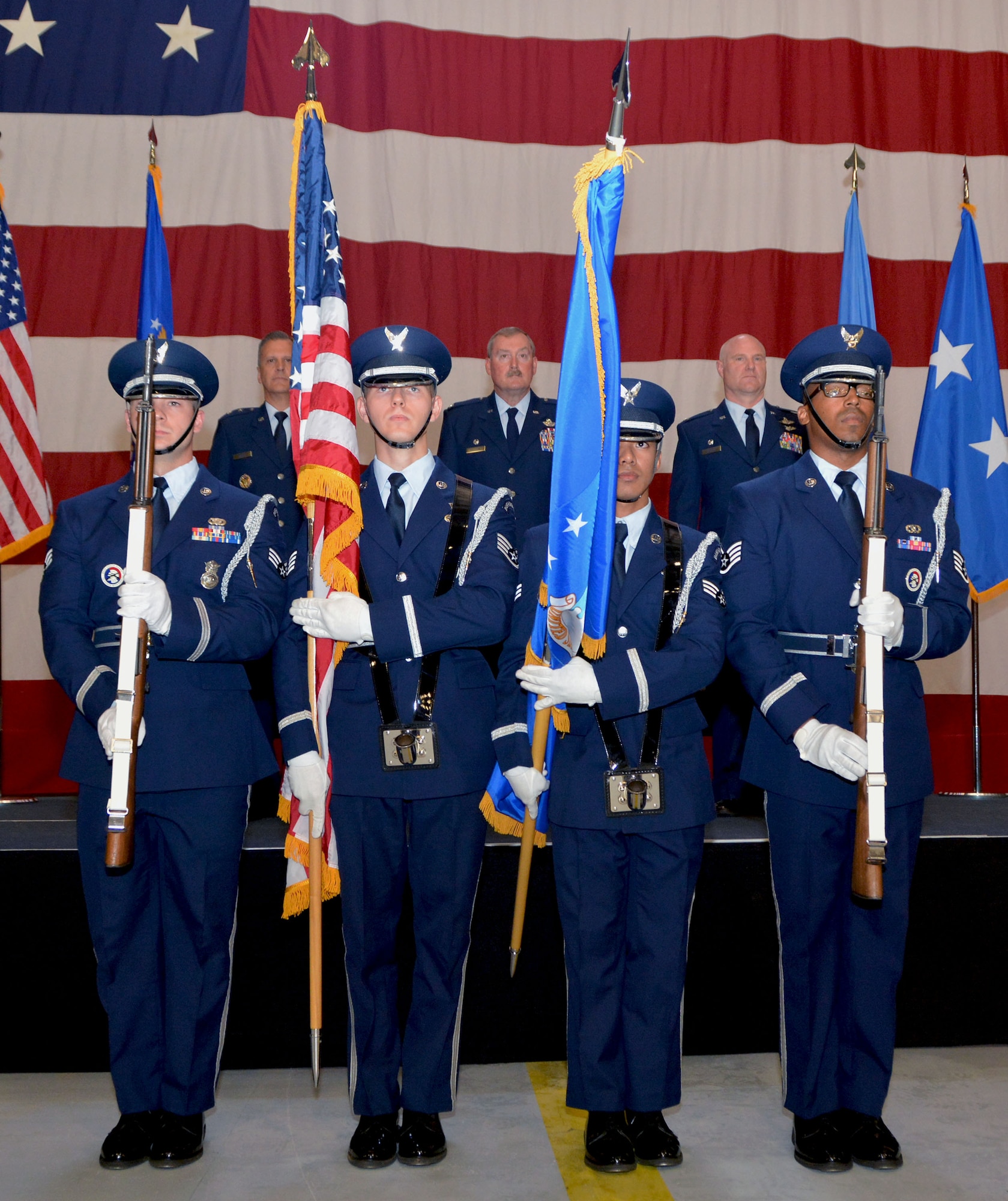 The 72nd Air Base Wing Honor Guard presents the colors during the 507th Air Refueling Wing change of command ceremony June 3, 2018, at Tinker Air Force Base, Okla. Maj. Gen. Randall Ogden, Fourth Air Force commander, gave command of the 507th ARW to Col. Richard Heaslip. (U.S. Air Force photo/Tech. Sgt. Samantha Mathison)