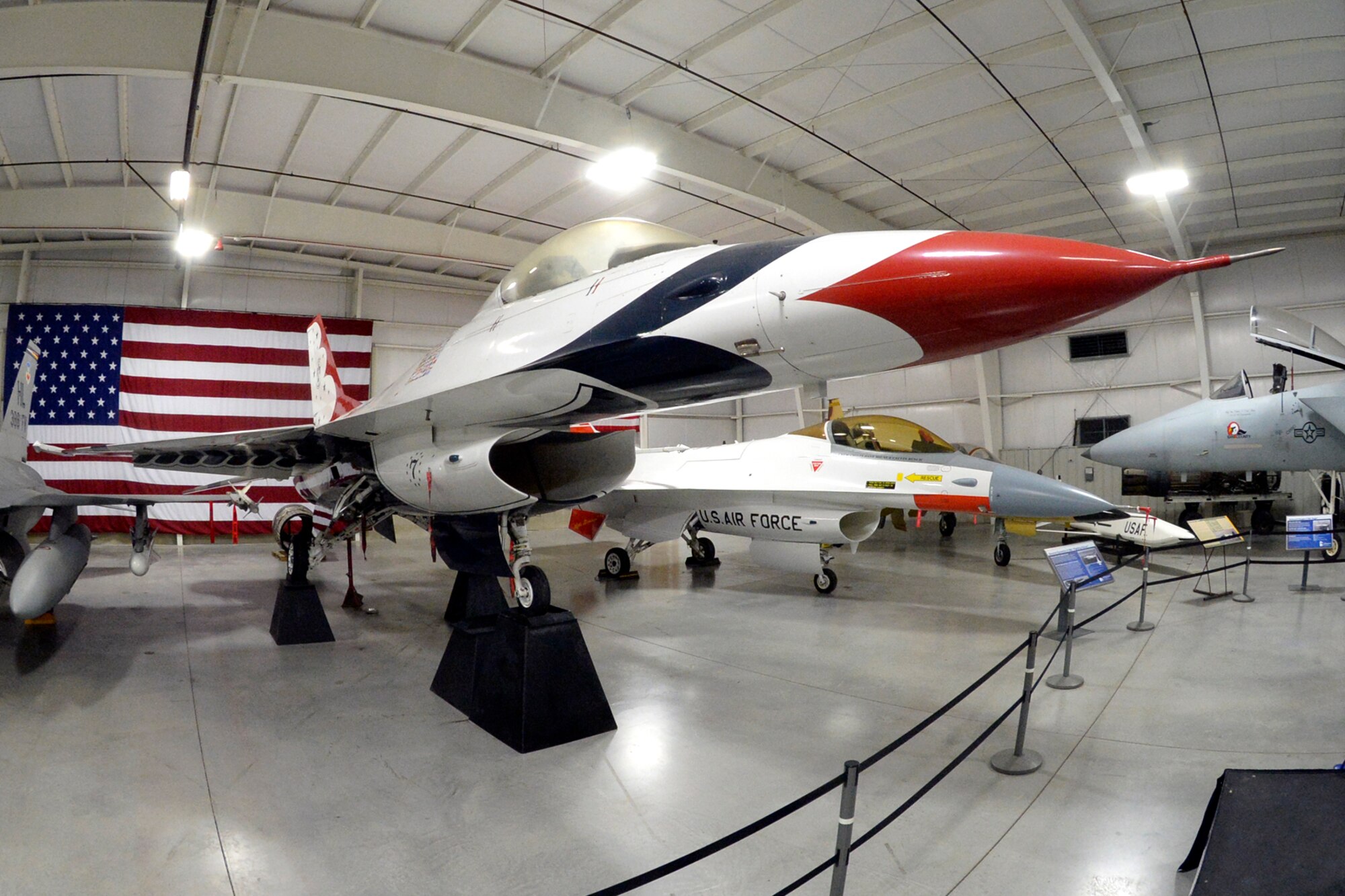 A Thunderbird F-16A Fighting Falcon flown by the U.S. Air Force Thunderbirds aerial demonstration team from 1983-1992 is on display June 1, 2018, at the east end of the Hill Aerospace Museum’s Fighter Gallery at Hill Air Force Base, Utah. The aircraft restoration took several months to complete and will be formally unveiled during a private ceremony in conjunction with the Warriors Over the Wasatch Air and Space Show June 23-24 at Hill. (U.S. Air Force photo by Todd Cromar)