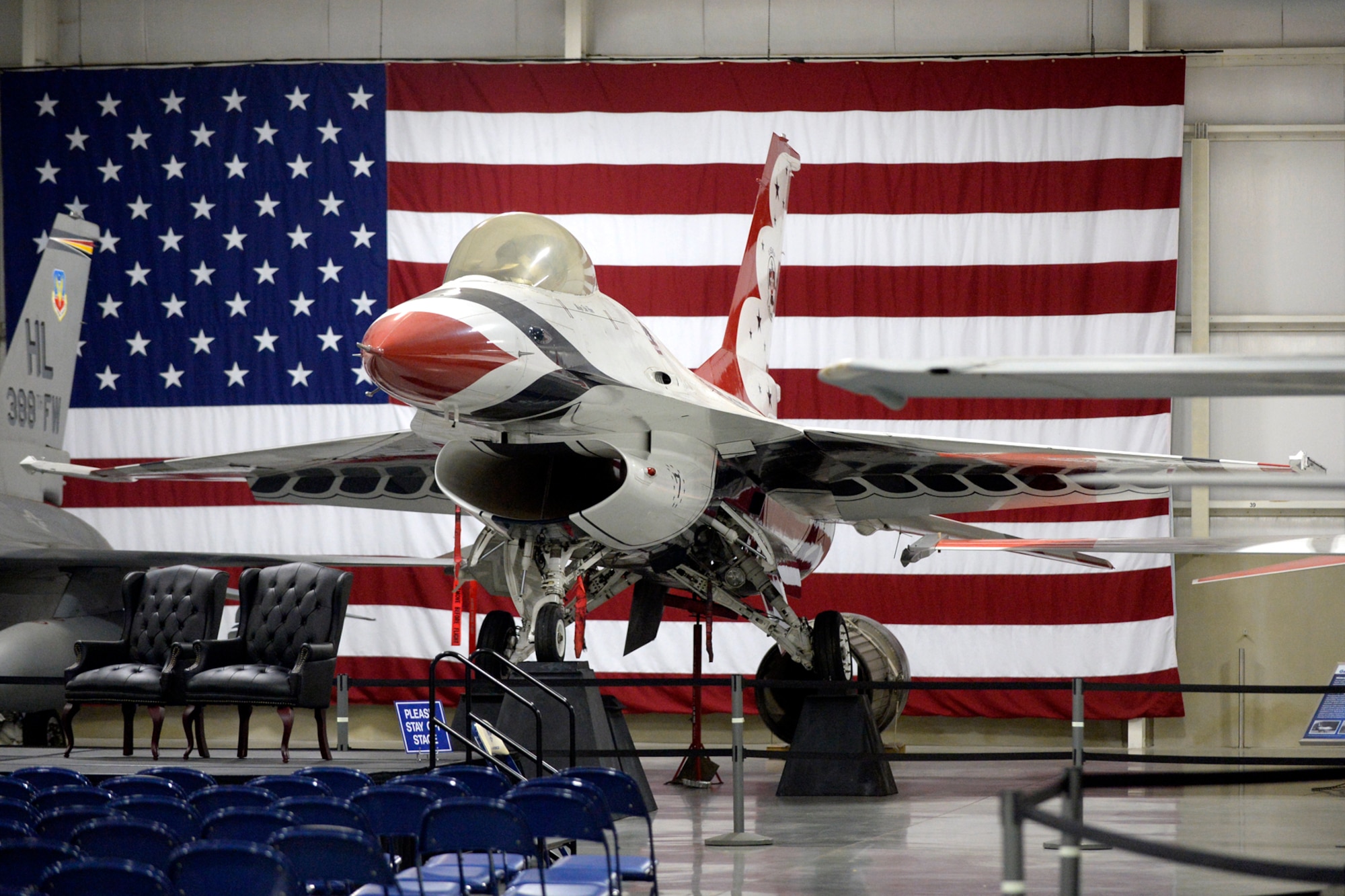 A Thunderbird F-16A Fighting Falcon flown by the U.S. Air Force Thunderbirds aerial demonstration team from 1983-1992 is on display June 1, 2018, at the east end of the Hill Aerospace Museum’s Fighter Gallery at Hill Air Force Base, Utah. The aircraft restoration took several months to complete and will be formally unveiled during a private ceremony in conjunction with the Warriors Over the Wasatch Air and Space Show June 23-24 at Hill. (U.S. Air Force photo by Todd Cromar)