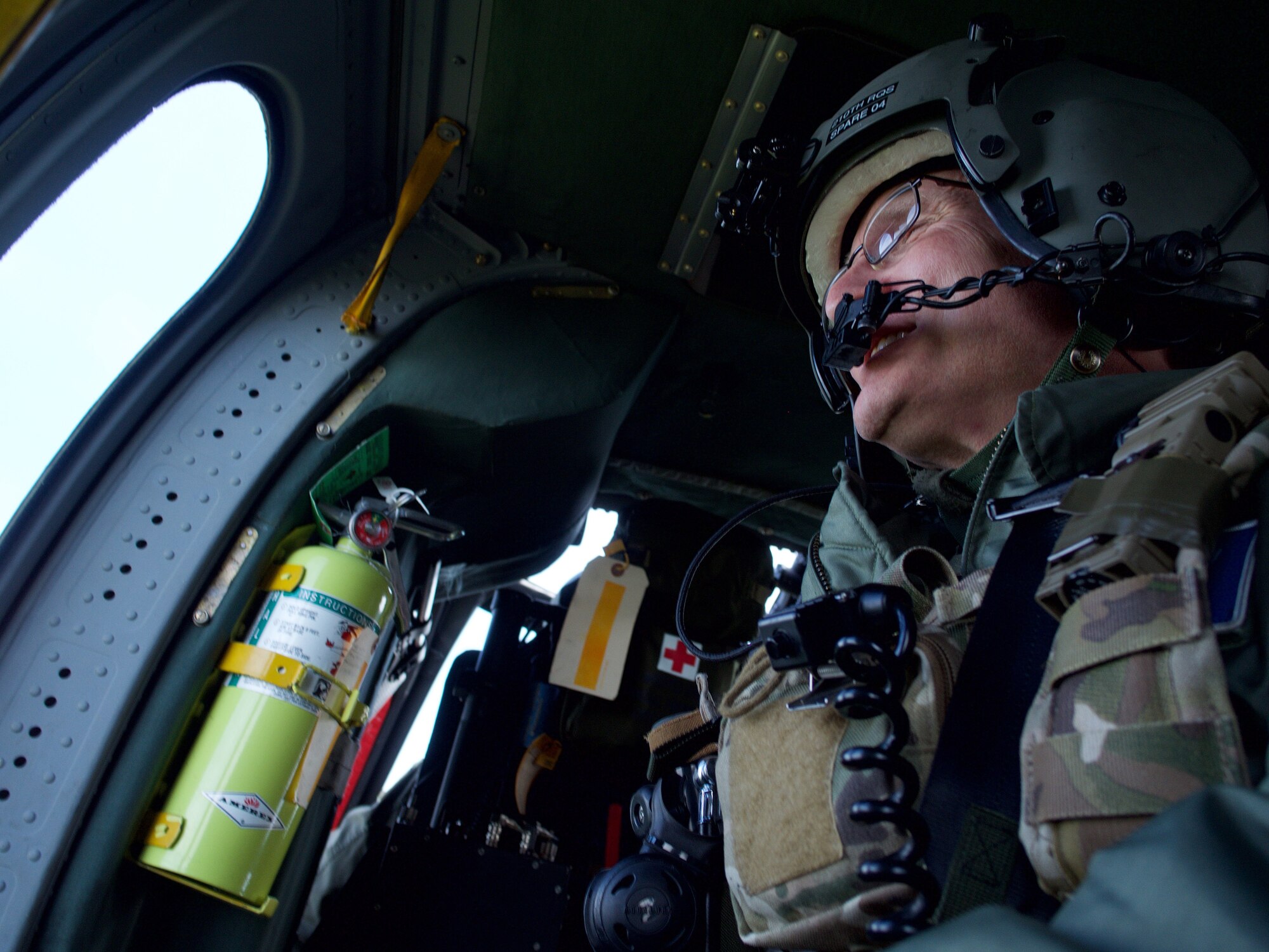 Chief Master Sgt. Lance Jordan flies with Pave Hawk crew for fini flight.