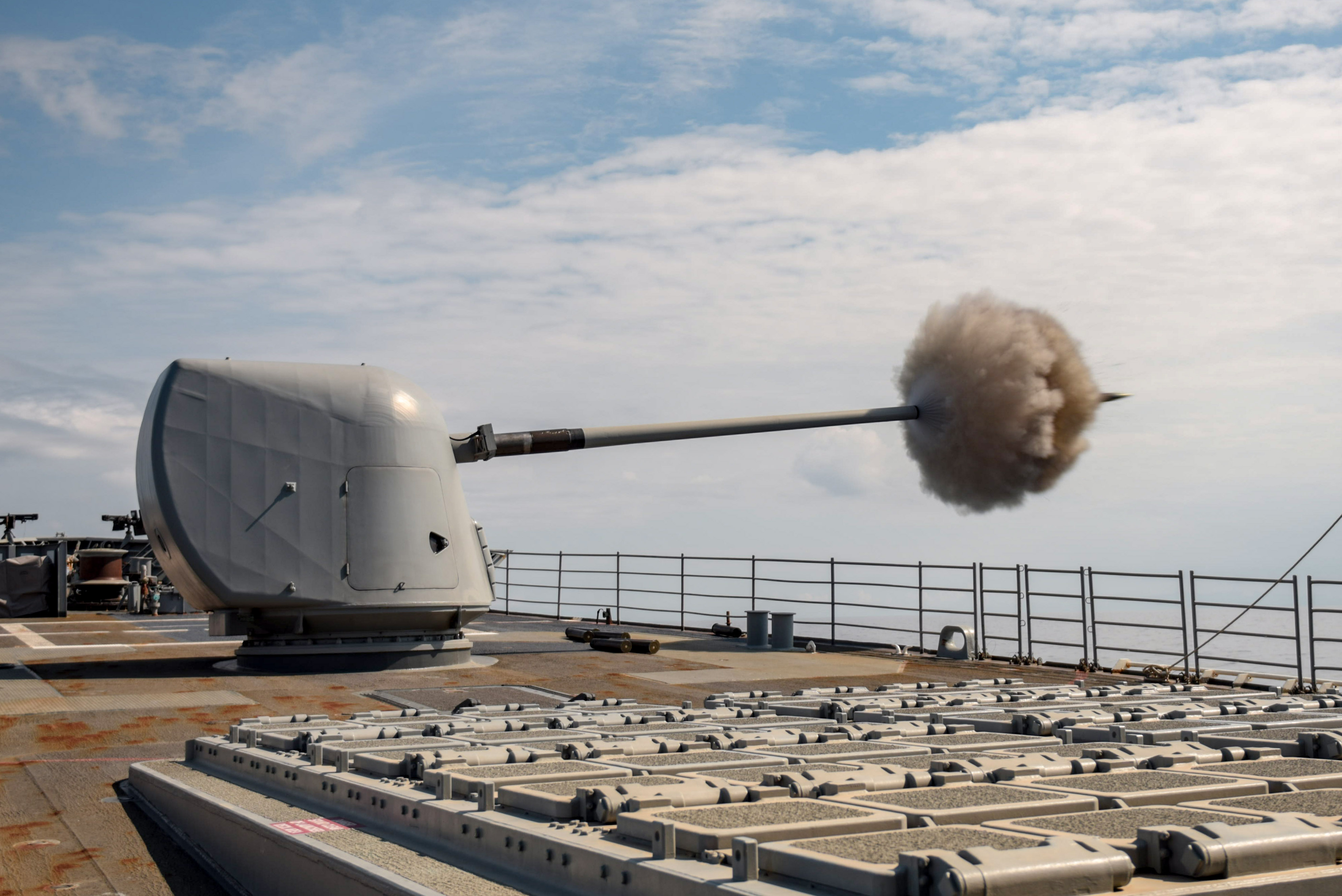180606-N-DZ642-0265 ADRIATIC SEA (June 6, 2018) An MK45 5-inch-gun is ...