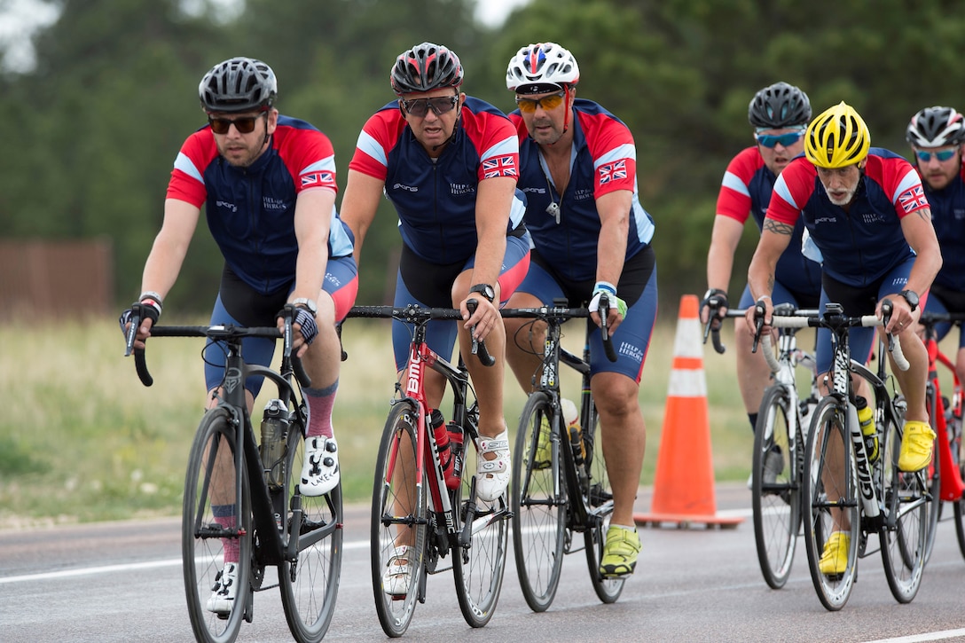 Team United Kingdom cyclists ride together during the 2018 Department of Defense Warrior Games cycling competition at the U.S. Air Force Academy in Colorado Springs, Colo., June 6, 2018. DoD photo by EJ Hersom