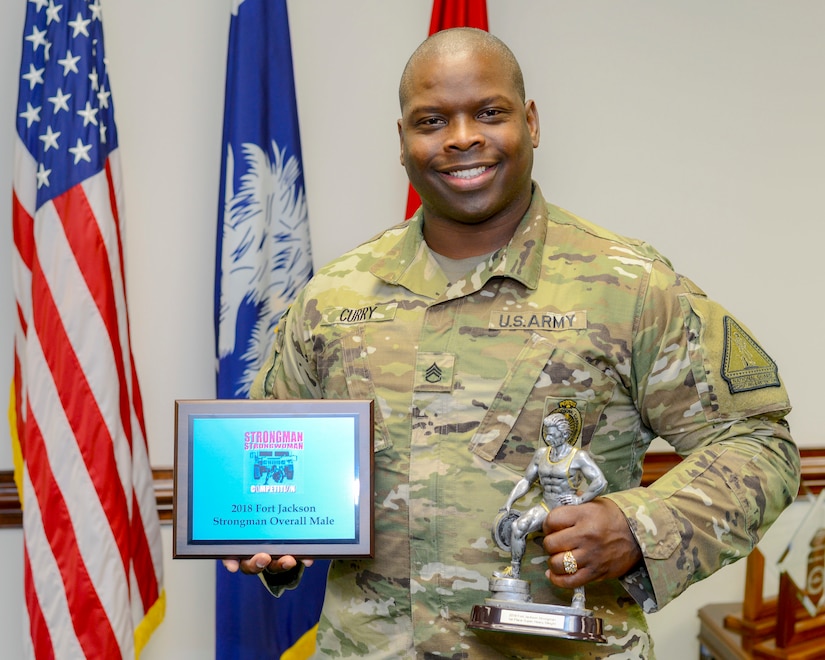 Staff Sgt. Levar Curry, a South Carolina Army National Guard recruiter in the Columbia area, competed and won first place overall for men in the ‘Strong Man/Strong Woman Competition’ May 17, 2018.