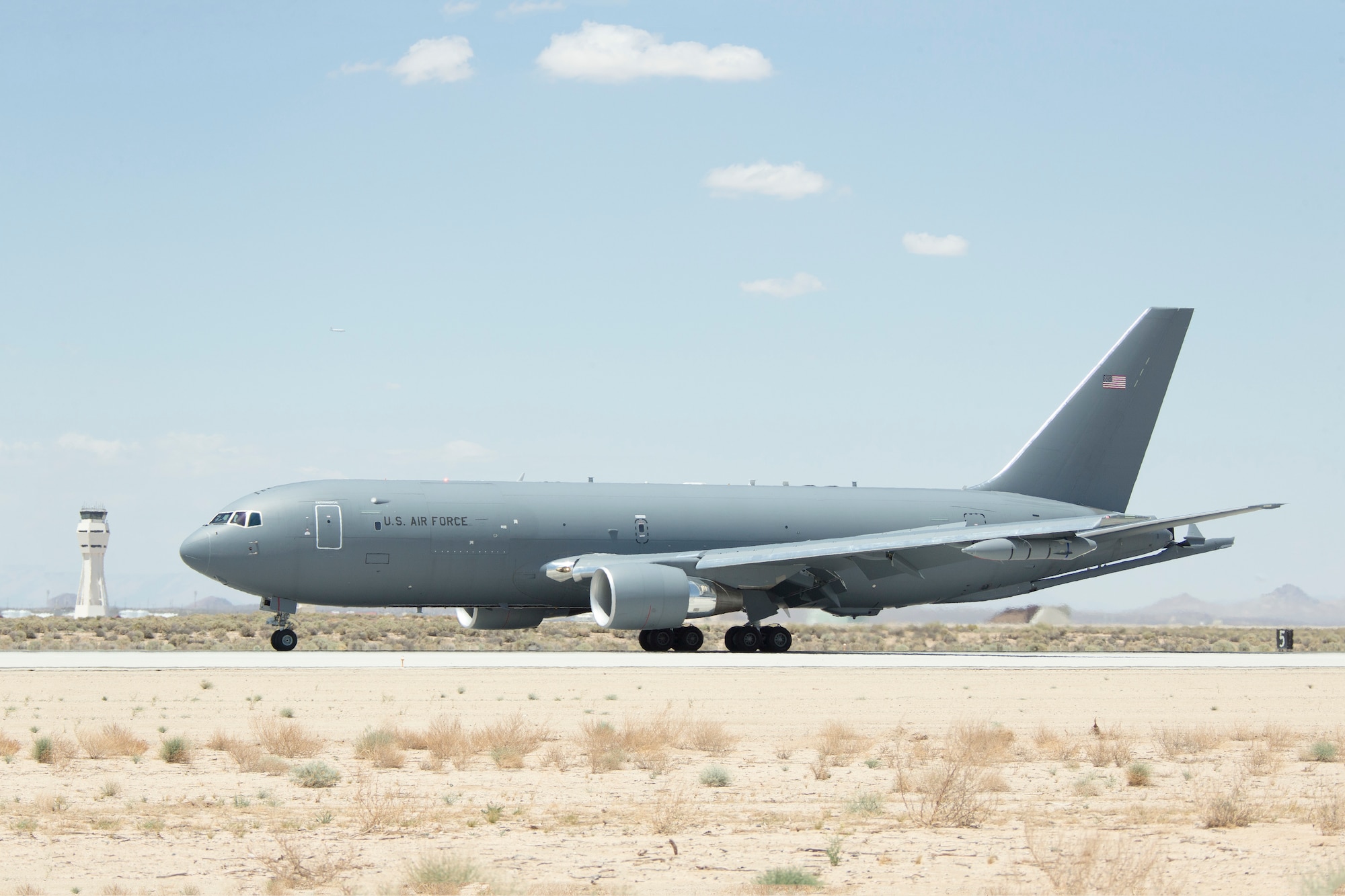 A KC-46A Pegasus aerial refueling aircraft touched down at Edwards May 23 for flight tests.