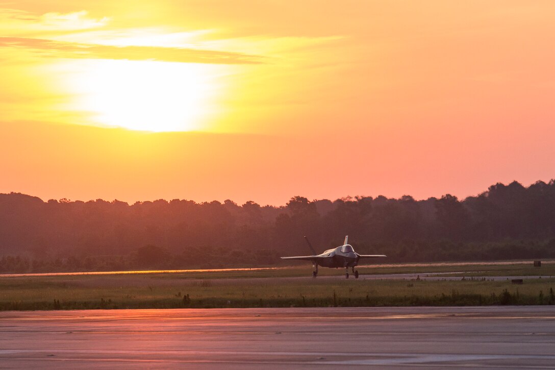 A UK F-35B Lightning II taxis aboard Marine Corps Air Station Beaufort June 6. Multiple F-35Bs with the Royal Air Force’s 617 Squadron “Dambusters” departed MCAS Beaufort headed for their new home at Royal Air Force Base Marham, England. The aircraft returning to the UK represents the transition from current to next generation air combat power for 617 Squadron. “617 Squadron has worked tirelessly for the past few weeks and months to prepare the aircraft to bring them to their final home of RAF Marham,” said Ground Capt. Cab Townsend, RAF Marham Station Commander.