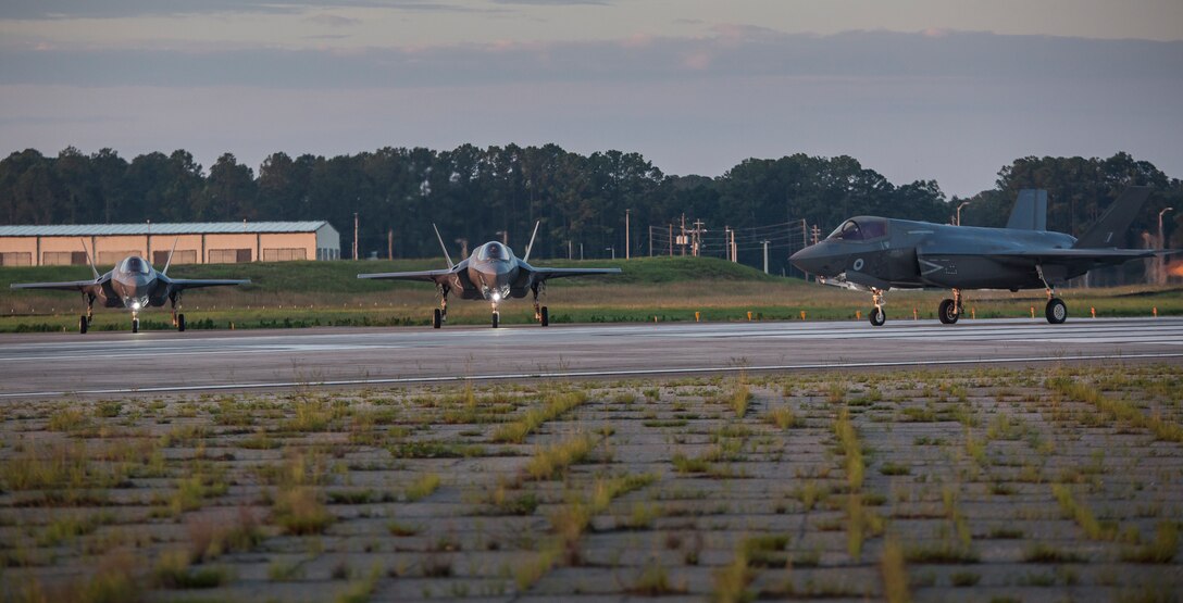 UK F-35B Lightning II prepare to take off from Marine Corps Air Station Beaufort June 6. Multiple F-35Bs with the Royal Air Force’s 617 Squadron “Dambusters” departed MCAS Beaufort headed for their new home at Royal Air Force Base Marham, England. The aircraft returning to the UK represents the transition from current to next generation air combat power for 617 Squadron.
