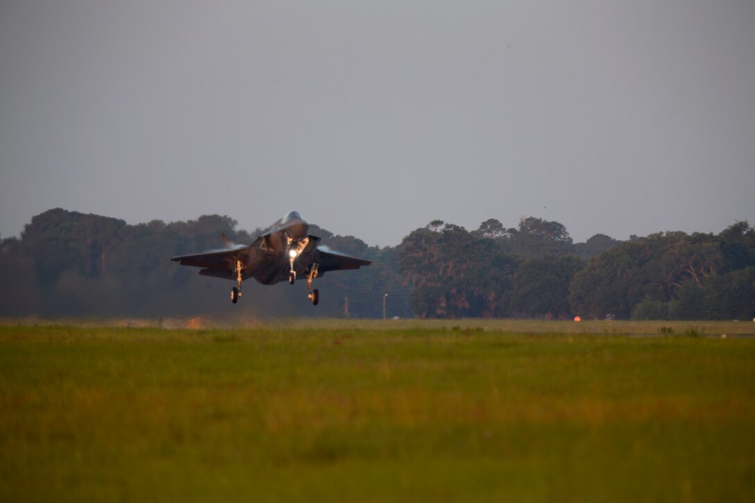 A UK F-35B Lightning II takes off from Marine Corps Air Station Beaufort June 6. Multiple F-35Bs with the Royal Air Force’s 617 Squadron “Dambusters” departed MCAS Beaufort headed for their new home at Royal Air Force Base Marham, England. The aircraft returning to the UK represents the transition from current to next generation air combat power for 617 Squadron.