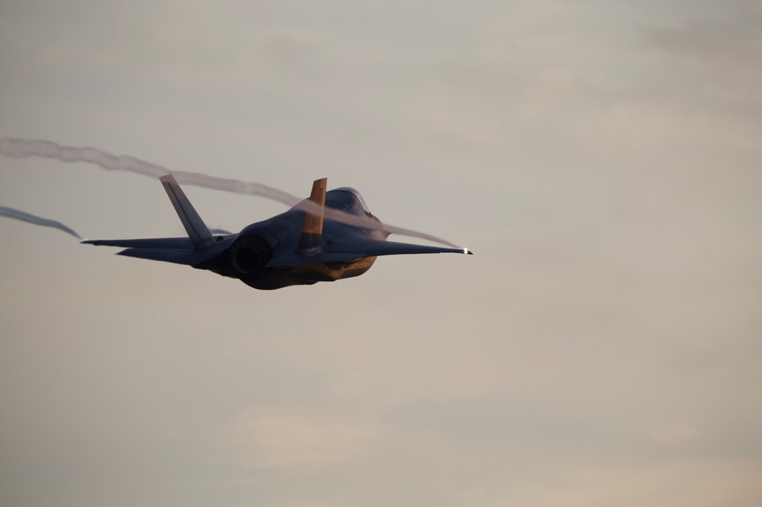 A UK F-35B Lightning II takes off from Marine Corps Air Station Beaufort June 6. Multiple F-35Bs with the Royal Air Force’s 617 Squadron “Dambusters” departed MCAS Beaufort headed for their new home at Royal Air Force Base Marham, England. The aircraft returning to the UK represents the transition from current to next generation air combat power for 617 Squadron.