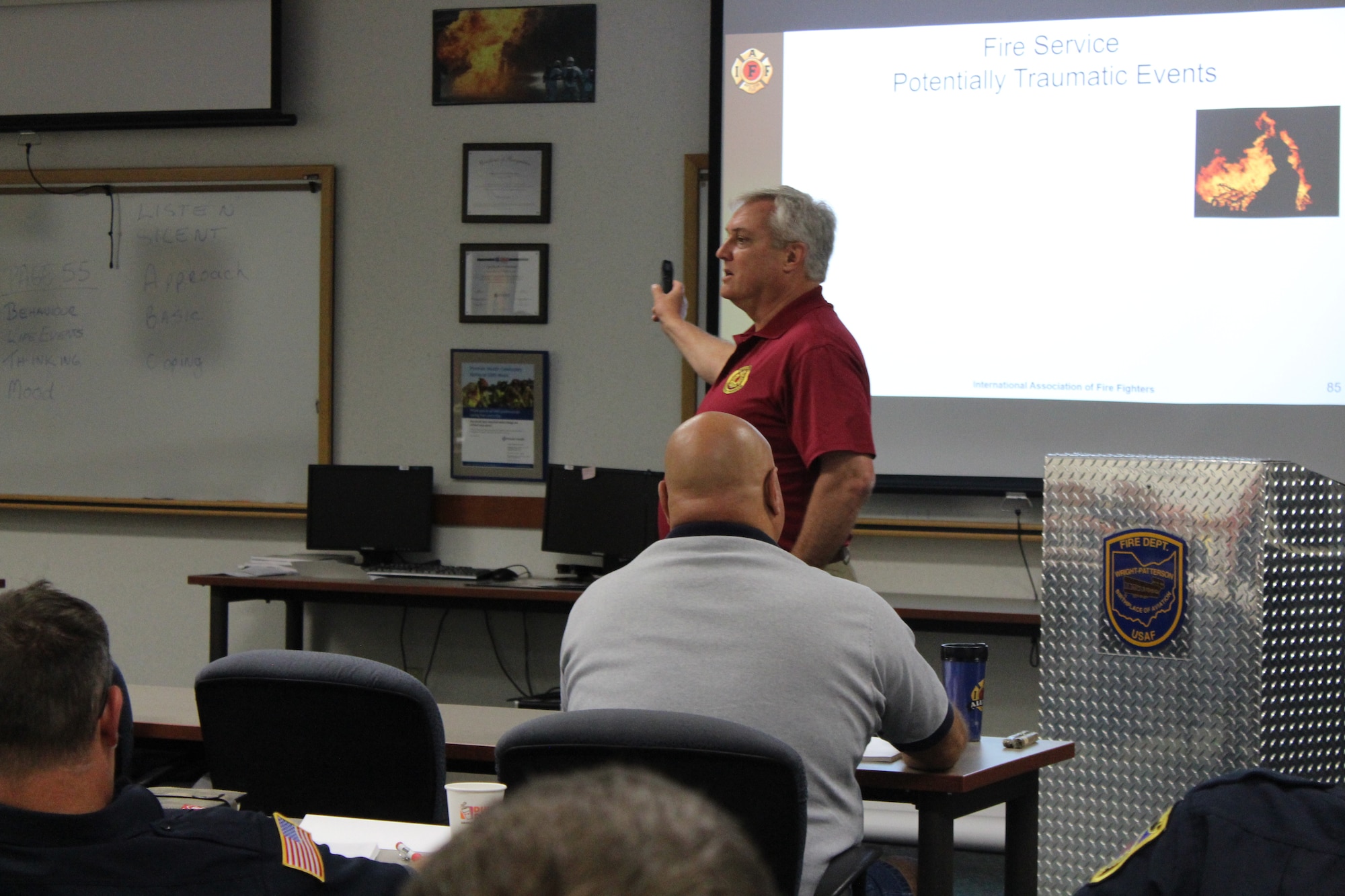 John Hemsley from the New York City Fire Department, Local 854, discusses ways to deal with stressful situations with the Wright-Patterson AFB firefighters. The firefighters attended a two-day Post-Traumatic Stress Disorder/Peer Support program training June 5-6. (U.S. Air Force photos/Stacey Geiger)