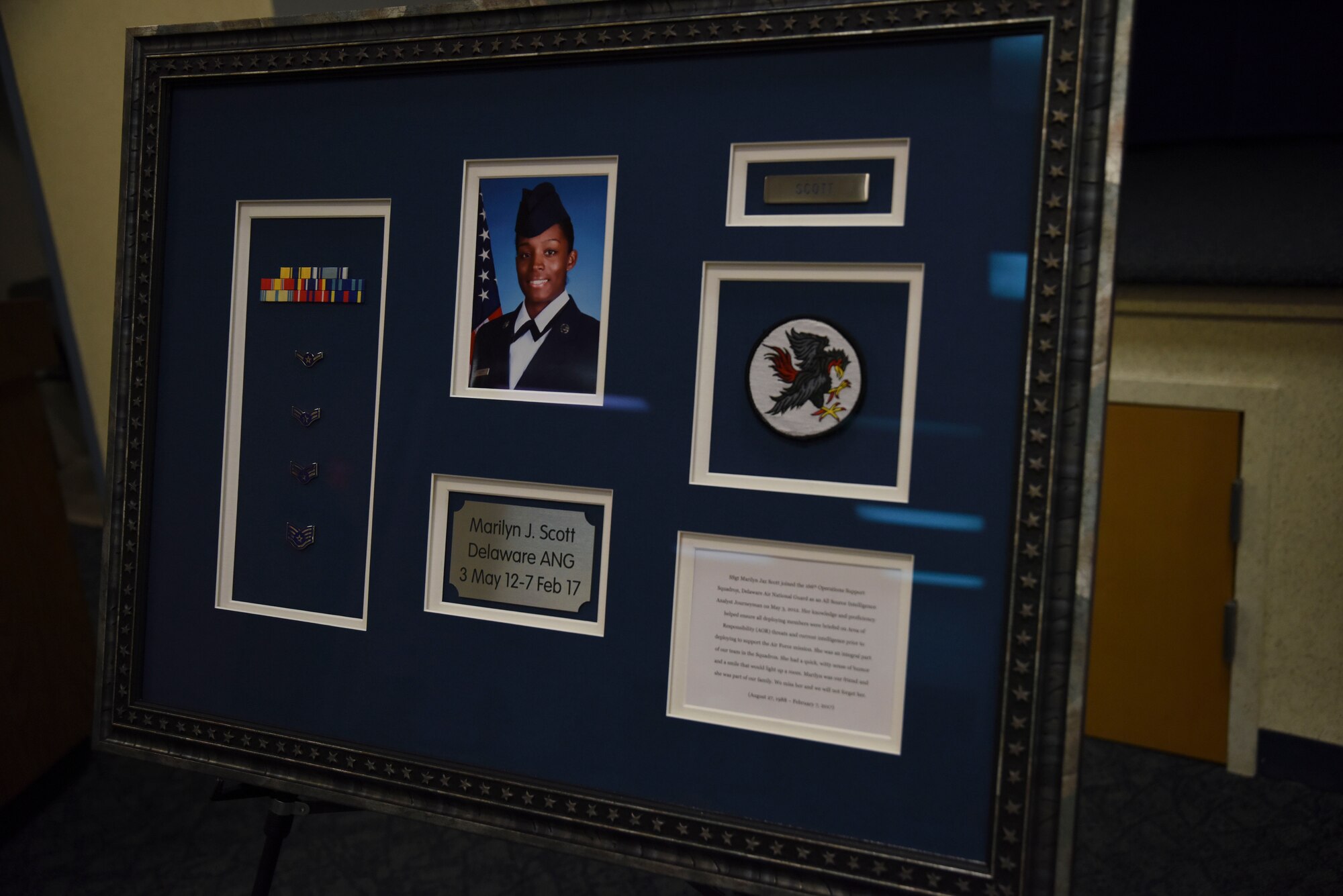 A dedication ceremony was held here to honor the memory of Staff Sgt. Marilyn Scott, at New Castle Air National Guard Base, Del., June 3, 2018. Scott was a member of the 166th Operations Support Squadron and tragically lost her life on Feb. 7, 2017.