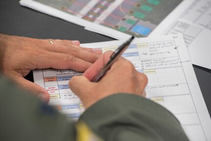 A panelist takes notes during the Squadron Innovation Fund panel meeting June 4, 2018.