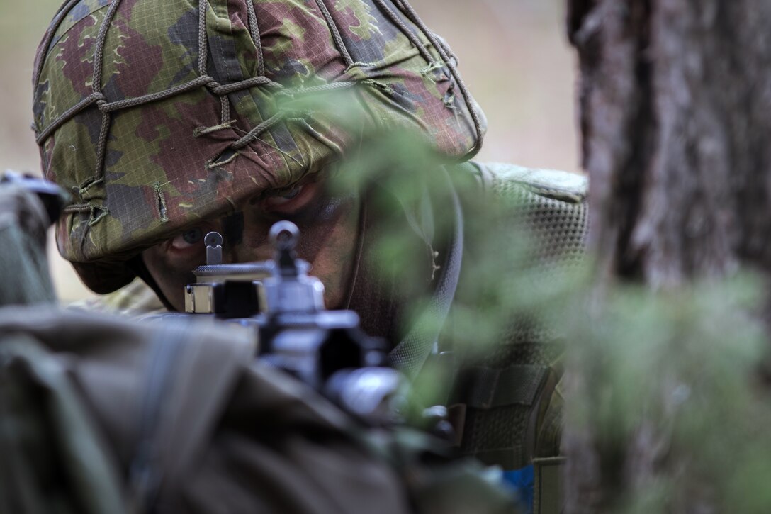 A Lithuanian soldier pulls security duty.