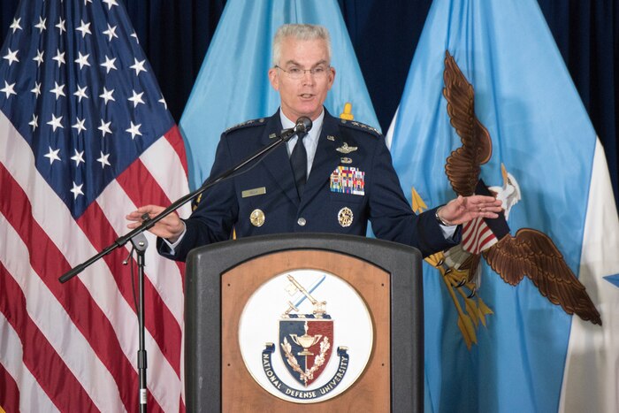 The vice chairman of the Joint Chiefs of Staff speaks from behind a podium.