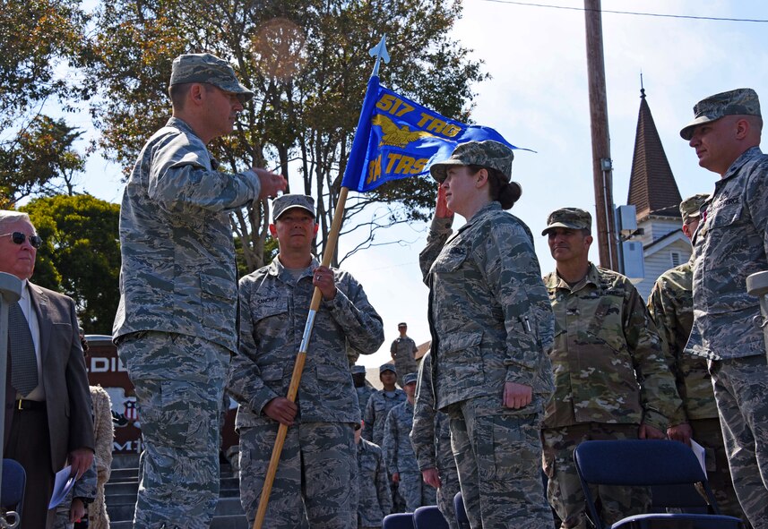 U.S. Air Force Col. Wiley Barnes, 517th Training Group commander, salutes Lt. Col. Jaclyn DeRoush’s 314th Training Squadron incoming commander, during the 314th TRS Change of Command at the Presidio of Monterey, California, June 6, 2018. As the 314th TRS commander DeRoush is responsible for training and developing linguists for the United States Air Force and her sister services. (U.S. Army photo by Natela Cutter/Released)