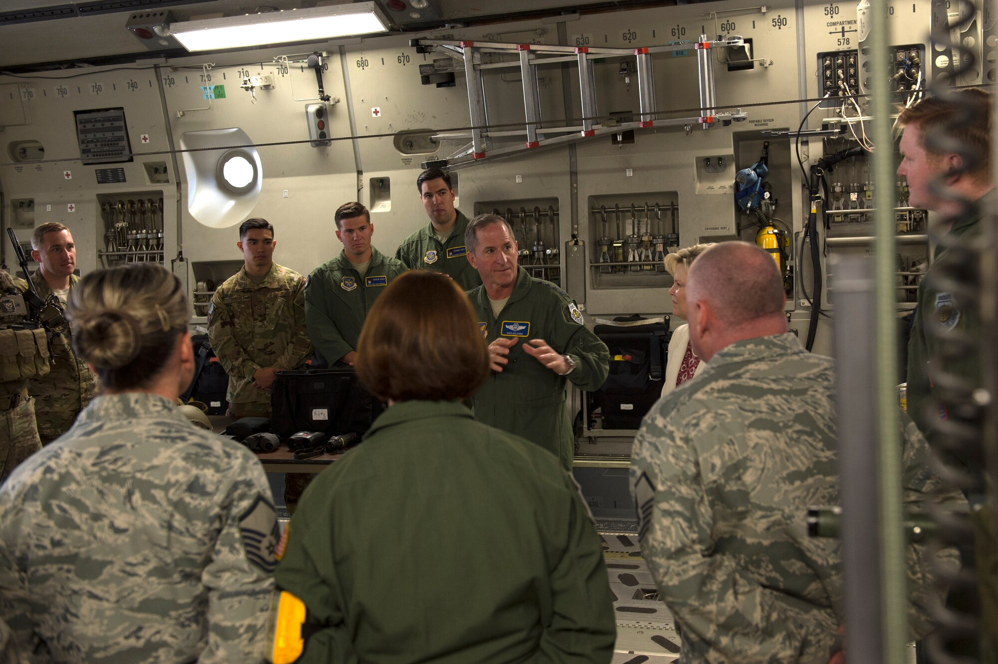 Gen David Goldfein, Chief of Staff of the Air Force, talks with Team McChord Airmen during his visit to Joint Base Lewis-McChord, Wash., June 5, 2018. Airmen from multiple units including the 62nd Airlift Wing and 627th Air Base Group got the opportunity to talk to Goldfein as he visited the base. (U.S. Air Force photo by A1C Sara Hoerichs)