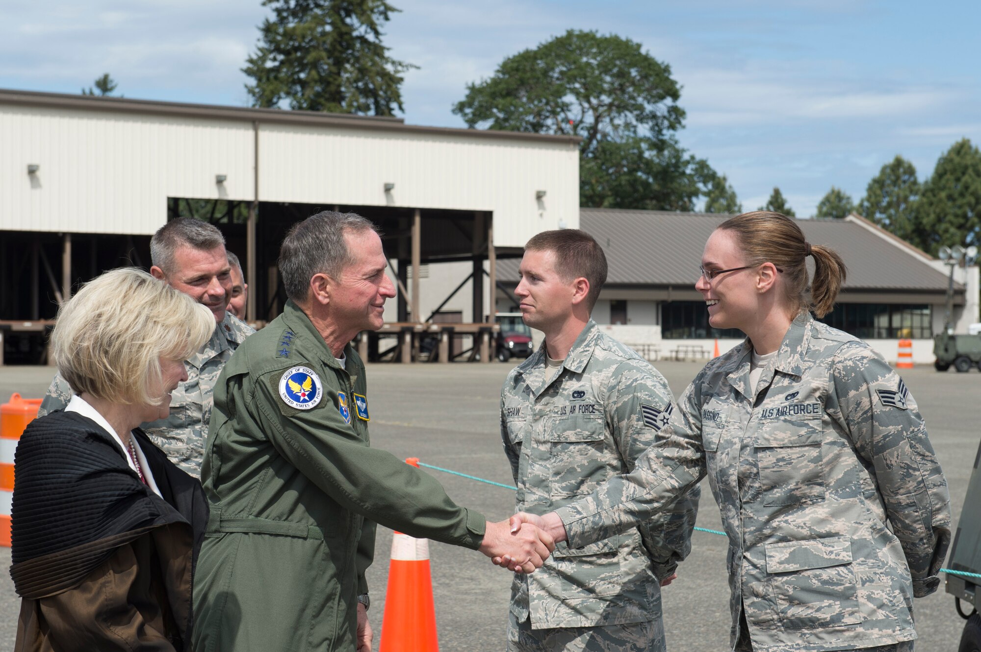Gen David Goldfein, Chief of Staff of the Air Force, greets members of the 62nd Aerial Port Squadron (APS), June 5, 2018, at Joint Base Lewis-McChord, Wash. Goldfein and the APS Airmen discussed the unique challenges and opportunities of working on a joint base. (U.S. Air Force photo by A1C Sara Hoerichs)