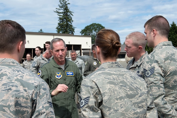 Gen David Goldfein, Chief of Staff of the Air Force, talks with members of the 62nd Aerial Port Squadron, June 5, 2018, at Joint Base Lewis-McChord, Wash. Goldfein and the Airmen had the opportunity to discuss how they support not only Airmen but Soldiers as well as part of the joint base. (U.S. Air Force photo by A1C Sara Hoerichs)