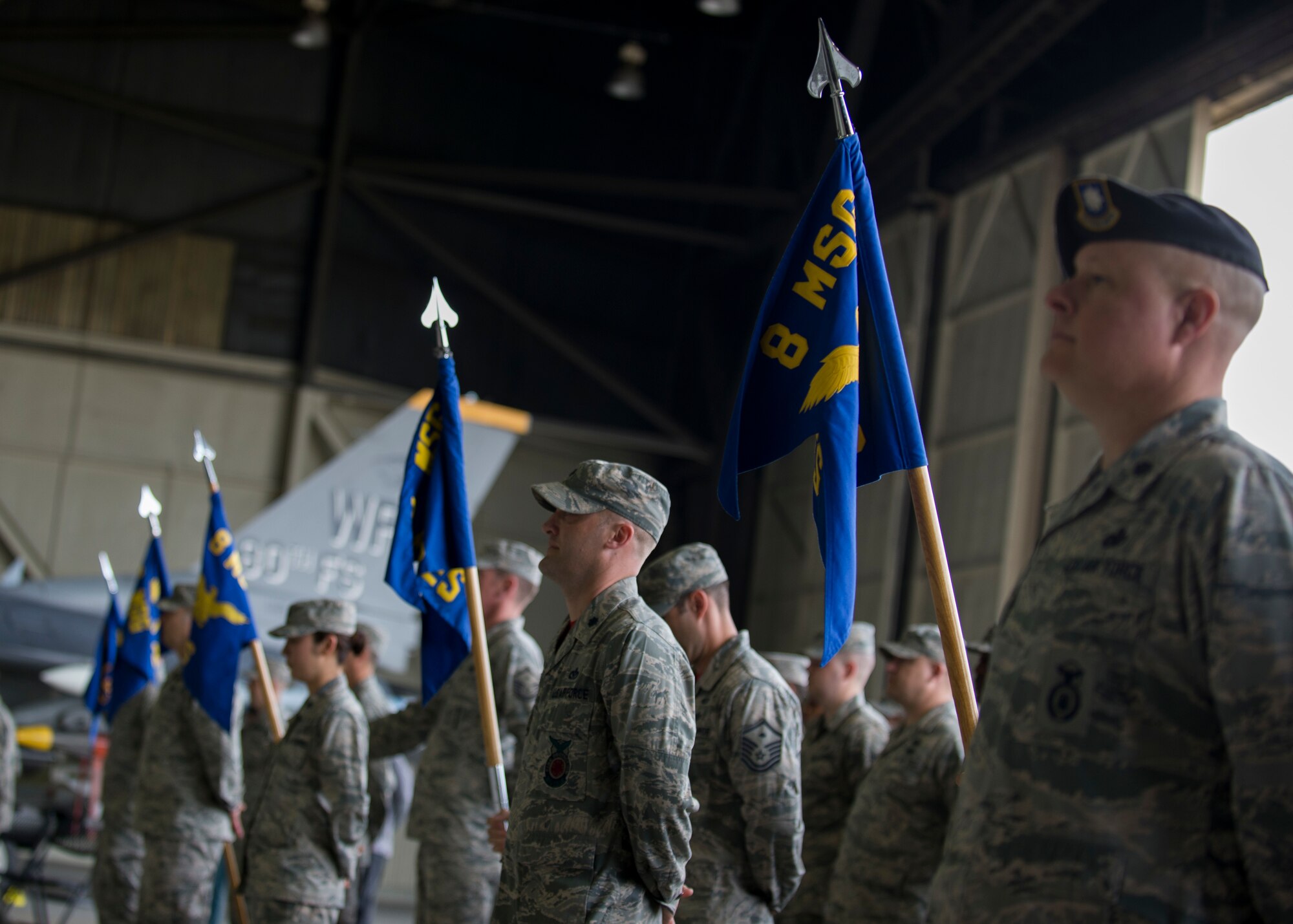 8th Mission Support Group Airmen stand in formation during a change of command ceremony at Kunsan Air Base, Republic of Korea, June 8, 2018. U.S. Air Force Col. Terrence Walter took command of the 8th MSG from Col. Michael Zuhlsdorf during which he received the title of “Falcon”. (U.S. Air Force photo by Staff Sgt. Victoria H. Taylor)